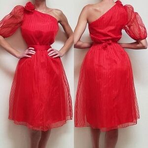 VINTAGE 1970s Shangri-La Red Pinstripe One-Shoulder Belted Midi Dress ILGWU